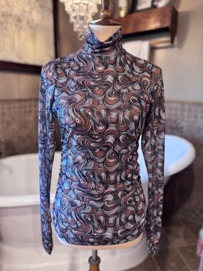 Cinq a Sept Swirl Shirred Mesh Turtleneck Top size medium